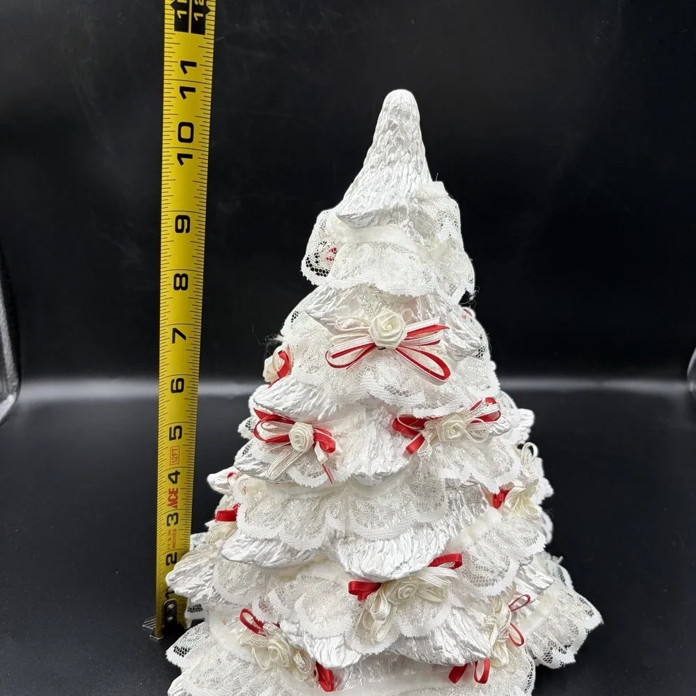 Vintage 80s White Ceramic Christmas tree with Red White Ribbon‎ Lace White Roses